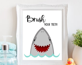 Shark bathroom print - Shark art print - Boy bathroom wall art - Brush your teeth print - Printable bathroom print - Shark mouth wall art