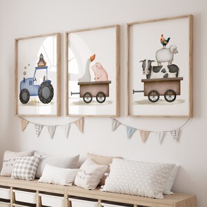 Set of 3 digital prints - Tractor with  Farm animals - Chicken, Rooster, Duck, Cow, Sheep and Pig.