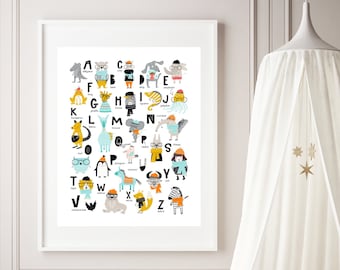 May include: A white framed alphabet poster with colorful illustrations of animals wearing glasses and hats. The poster features the letters A through Z with an animal illustration for each letter. The animals include an alligator, bear, cat, dog, elephant, frog, giraffe, horse, iguana, jellyfish, kangaroo, llama, monkey, narwhal, owl, penguin, python, rabbit, sheep, tiger, unicorn, walrus, x-ray fish, yak, and zebra.