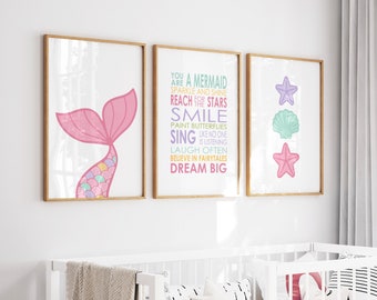 Girls nursery decor, Mermaid prints, Nursery decor,  Mermaid nursery, Kids bedroom decor, Girls bedroom decor, Pink mermaid, Printable art