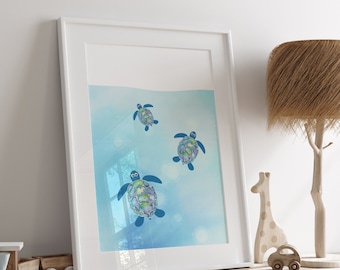 Lámina infantil "Bajo el mar", póster de animales marinos, arte mural de tortugas, lámina infantil para niño, lámina de tortugas, descarga digital, H3085