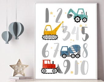 Truck Numbers - Construction truck art prints - Baby boy nursery - Numbers poster - Construction nursery - Nursery wall art - DIGITAL