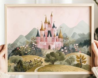 Pink Princess Castle Wall Art – Printable Fairytale Landscape – Girls Nursery Decor – Enchanted Castle Digital Download – Fantasy Room Art