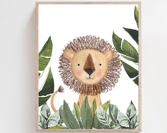 May include: A watercolor illustration of a brown lion with a light brown mane, looking directly at the viewer. The lion is surrounded by green leaves.