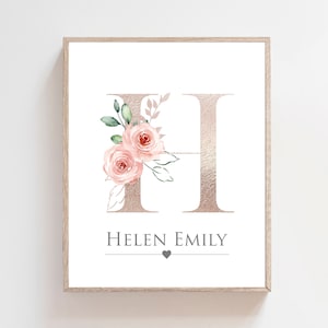 Impresión de nombre personalizada - Impresión de nombre personalizada - Arte de pared rosa ruborizado - Impresiones para dormitorio de niñas - Decoración para dormitorio de niñas - Impresión de inicial floral - H2066
