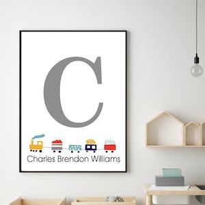 Arte de pared con nombre de niño - Impresión de nombre de niño personalizada - Impresión de arte de tren - Impresión de letras - Decoración de guardería de niños - Impresiones de dormitorio de niños - Arte de nombre imprimible
