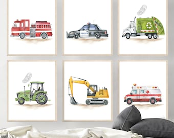 Playful Kids' Work Trucks Art Bundle - Set of 6 Prints - Truck nursery - Boy nursery decor - Digital download Watercolor prints digital
