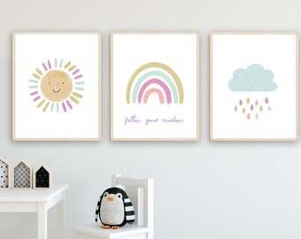 Pastel rainbow wall art - Watercolor rainbow art - Girl room decor - Nursery rainbow print - Girls rainbow art -  Rainbow art set - H2513