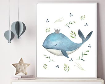 Décor de pépinière de baleine - Impression de baleine aquarelle - Décor de pépinière bleue - Impression d'art de baleine - Décor de thème d'océan - Art de baleine imprimable - H2237