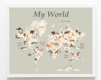 World map wall art - World map decor - Animal world map print - Kids room map - Kids world map - Printable world map for kids -  H2295