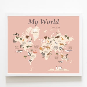 World map wall art - Kids map pink - World map decor - Animal world map print - Kids room map - Kids world map - Printable world map - H2296
