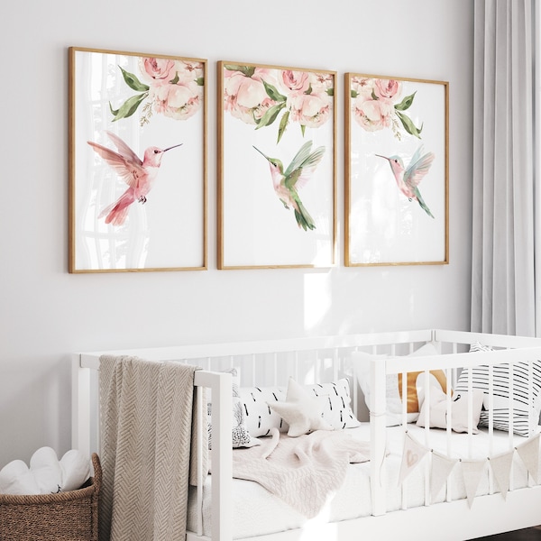 Vogel Poster, Vogel Kinderzimmer Dekor, Kolibri Dekor, Rosa Kinderzimmer, Vogel Kinderzimmer Kunst, Rosa Blumen, Mädchenzimmer Dekor, H3108