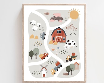 Decorazioni per la fattoria della cameretta del bambino - Stampe di animali della fattoria della cameretta del bambino - Stampe di animali della fattoria - Poster di animali della fattoria - Animali da cortile - Decorazioni per la cameretta del bambino - Mappa della fattoria