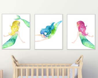 Girls mermaid art prints | girls bedroom decor, watercolor mermaid wall art prints, set of 3 prints, baby girls nursery art prints - H551