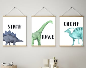 Dinosaur Nursery wall art - Set of 3 - Dinosaur prints - Boys bedroom art - Dinosaur nursery printable - Boys bedroom decor - Stomp Chomp