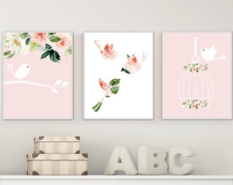 Bird nursery decor - Bird nursery print - Pink nursery decor - Baby bird nursery art - Pink blush flowers - Girls nursery decor - Bird art