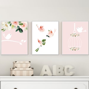 Bird nursery decor - Bird nursery print - Pink nursery decor - Baby bird nursery art - Pink blush flowers - Girls nursery decor - Bird art