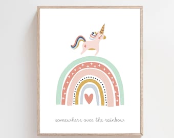 Baby Einhorn und Regenbogen - Regenbogen Kunstdruck - Irgendwo über dem Regenbogen - Irgendwo über dem Regenbogen - Einhorn Kinderzimmer Bild - H2190