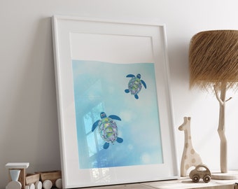 Lámina infantil "Bajo el mar", póster de animales marinos, arte mural de tortugas, lámina infantil para habitación de niño, decoración de sala de juegos, descarga digital H3084