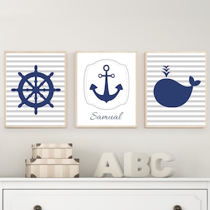 Baby Boy Nursery Art. Nautical Nursery Wall Art. Suits Navy Blue Nursery Decor. Includes Ship Wheel, Whale and Anchor. Personalized H1105