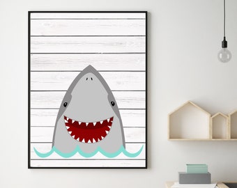 Shark art print - Shark Printable wall art - Boys nursery art - Ocean wall art - Shark poster - Shark wall art - Boys shark decor - H2037