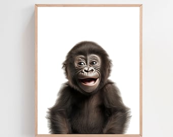May include: A close-up of a baby gorilla with brown fur, looking directly at the camera with a big smile. The gorilla is on a white background.
