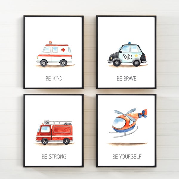 Emergency vehicle prints - Boys room decor - Fire truck nursery decor - Ambulance poster - Police car wall art - Transportation wall art
