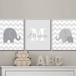 Grey and White Nursery Wall Art, Elephant Nursery Art prints, Baby Boy or Girl Nursery Arty, Suits Grey and White Decor, Name Wall Art -H358