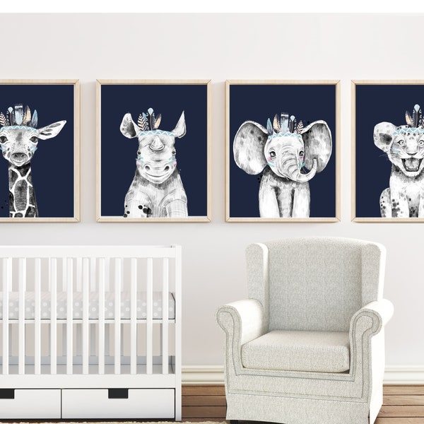 Safari nursery prints - Animal art print - Safari animal prints - Navy nursery - Tribal animal print nursery - Baby Boys Nursery Art - H1627