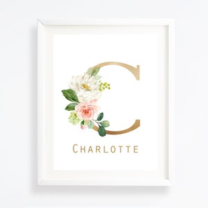Impresión inicial floral - Impresión de guardería bohemia - Arte de pared para niña - Impresiones personalizadas - Arte de pared rosa ruborizado - Arte de pared dorado imprimible - H1564