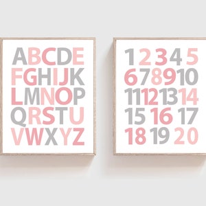 Girl Alphabet and Numbers Print, Alphabet wall art, Baby Girl Nursery Wall Art, 123 & ABC Gray Pink Nursery Decor -  Unframed H1377