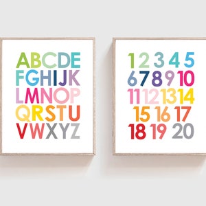 Set of 2 Rainbow alphabet print - ABC poster printable - Bright color wall art - Alphabet and numbers print - Numbers print - H2289