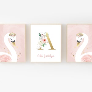 Arte de pared de cisne para guardería - Decoración de pared de cisne rosa ruborizado - Arte de pared con nombre de niña - Decoración de pared de cisne para guardería - Acuarela de cisne - Arte de pared de cisne para guardería - Impresión de nombre