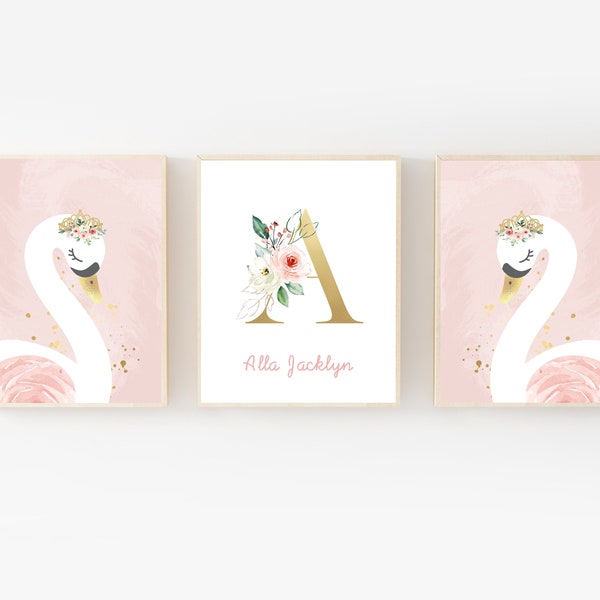 Schwan Kinderzimmer Wandbild - Rosa Mädchen - Mädchen Name Wandbild - Mädchenzimmer Dekor - Aquarell Schwan - Namen Druck - Schwan
