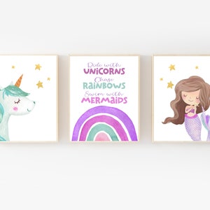 Mermaid wall decor - Unicorn wall art - Rainbow art print - Girls room wall art - Baby girl gift - Mermaid girls room - Mermaid nursery