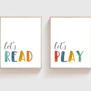 Set of 2 prints - Lets read lets play - Playroom decor - Playroom printable art - Lets play lets read - Playroom prints -  Lets read print