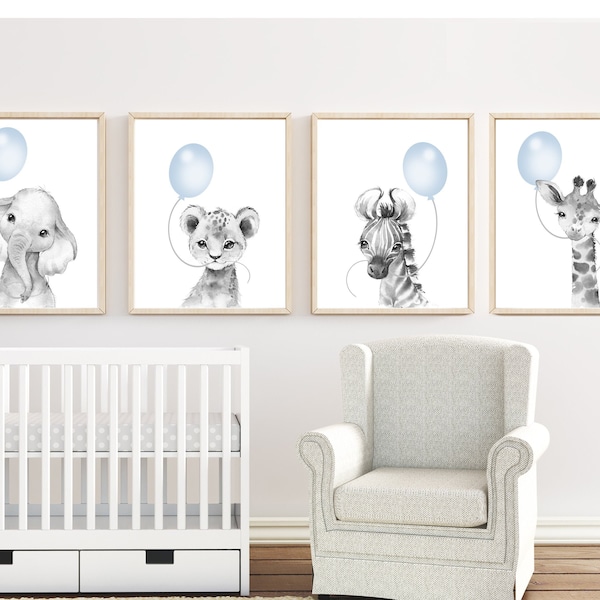 Decoración de habitación infantil para niño - Arte de pared infantil en azul bebé - Estampado de animales safari - Decoración infantil para niño - Láminas infantiles para niño - Decoración infantil para niño