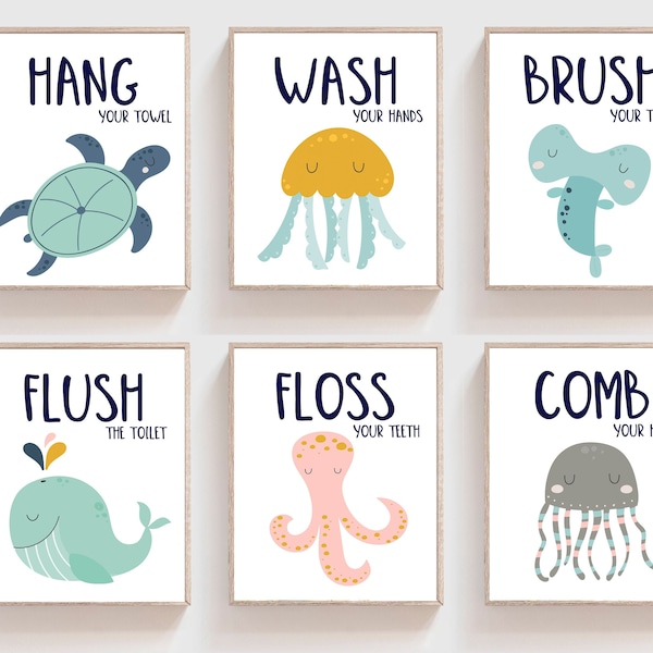 Kids bathroom decor - Brush your teeth - Wash your hands - Hang your towel - Flush the toilet - Bathroom rules - Kids bathroom wall art