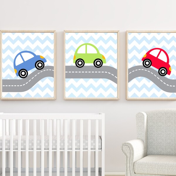 Baby Boy Nursery Art. Car Nursery Art Prints. Suits Blue, Green and Red Nursery Decor. Children's wall art. Boy Bedroom Decor - H109