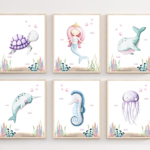 Ozean Drucke - Mädchenzimmer Poster - Meerjungfrau und Meerestiere Drucke - Unter dem Meer Wandkunst - Meer Aquarell