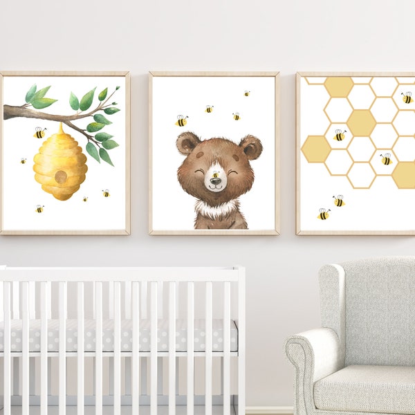 Bumble bee nursery decor - Honey bear print - Baby boy bee - Honey bee nursery decor - Bear and bee art - Nursery bear decor - Boy nursery