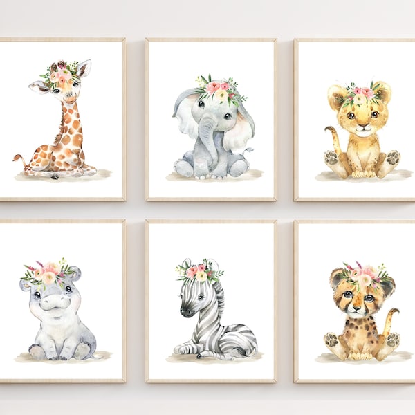 Girl safari nursery - Nursery decor - Baby girl nursery art - Floral safari animals - Nursery art prints - Baby girl nursery decor - H2746