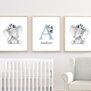 Baby Name Print Elephant Nursery Art Prints Nursery Wall Art Baby Boys Nursery Art Baby Animal Prints Boys Room H1621 image 1