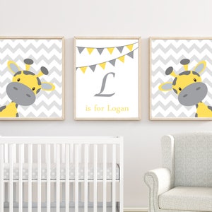 Baby Giraffe Nursery Art, Personalized Wall Art Prints, Yellow And Gray Nursery Art Decor, Giraffe Nursery Art Print Set H245