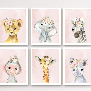 Decoração de quarto de bebê para meninas - Estampas de animais de safári rosa - Estampas de animais de bebê - Arte de parede para quarto de bebê para menina - Decoração de quarto de bebê para menina - Flores rosa