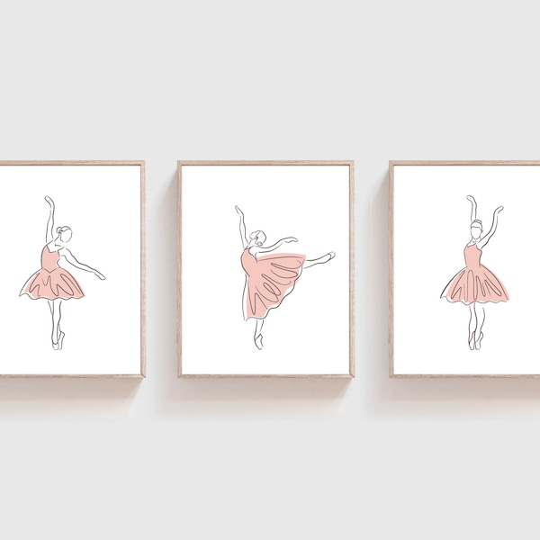 Set of 3 Ballerina Prints - Ballerina printable - Pink Ballerina - Ballerina wall art - Girls bedroom decor - Line art print - Little girl