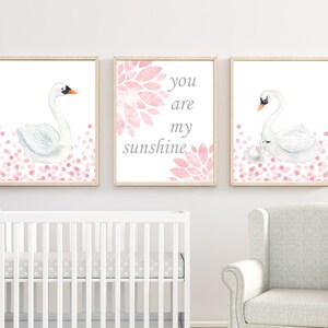 Swan Wall Art Print Set, Baby Girl Nursery Decor, Suits Pink and White Nursery, Girls Bedroom Wall Art, Set of 3 prints, Unframed - H576