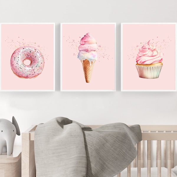 Décor de pépinière rose - Art de chambre de filles - Impression de crème glacée - Impression de beignet - Impression de petit gâteau - Décor de chambre de filles - Art de mur de chambre de filles - Imprimable