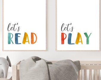 Set of 2 prints - Lets read lets play - Playroom decor - Playroom printable art - Lets play lets read - Playroom prints -  Lets read print