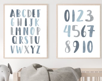 Alphabet wall art - Alphabet print - Boy alphabet poster - ABC wall art - Printable wall art - Numbers print - Watercolor art - Blue - H2574